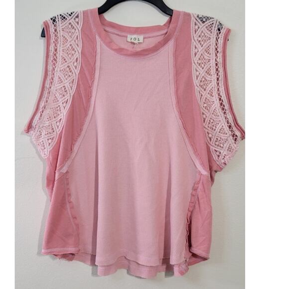 POL Top Womens Medium Oversized Varsity Top Lace Sleeveless Pink Whimsical NWOT - Picture 2 of 11
